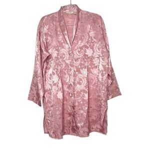 VICTORIA'S SECRET Long Sleeve Button Up Satin Sleep Dress Jacquard Floral Pink M